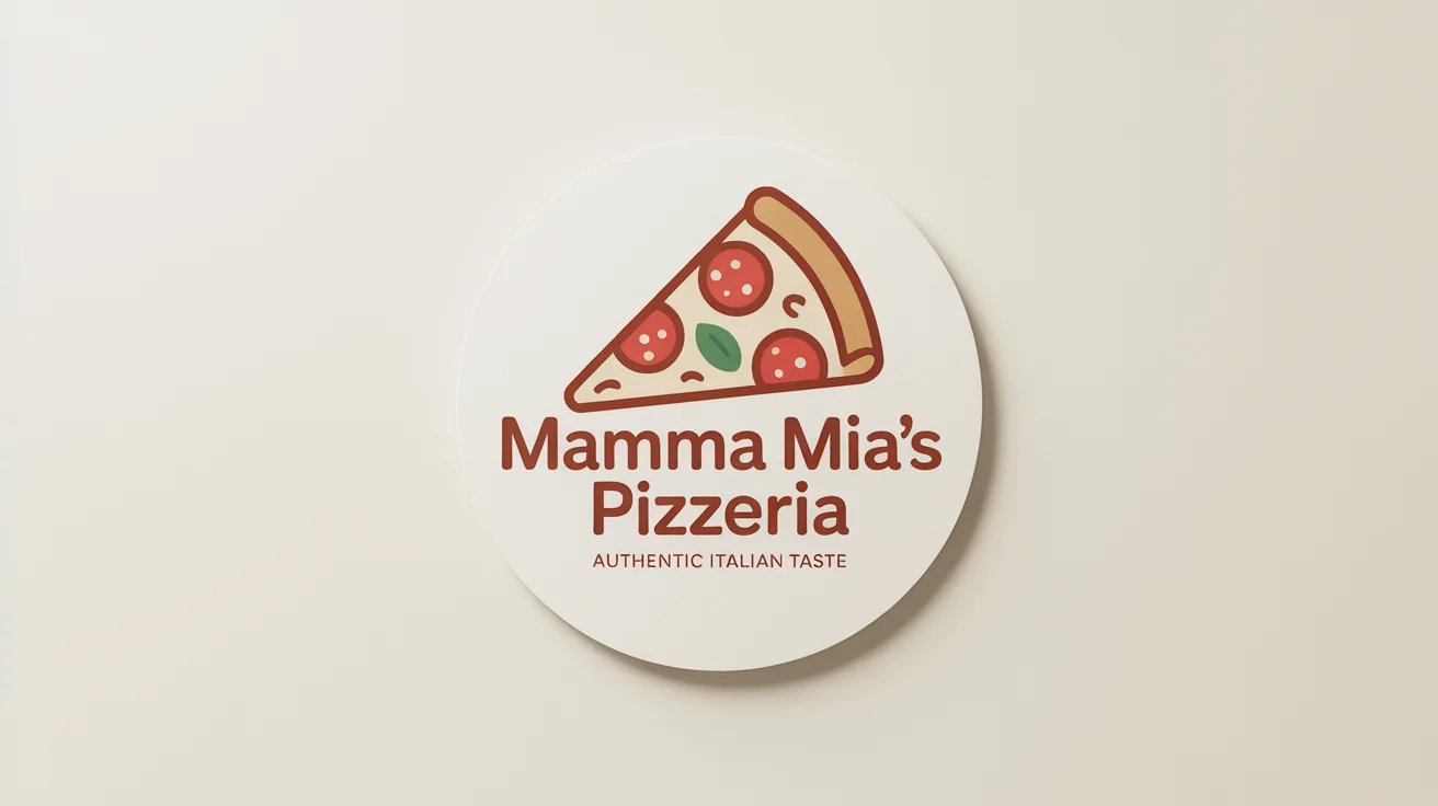 A modern, circular logo for 'Mamma Mia's Pizzeria' featuring a stylized slice of pizza, presented on a crisp white background.