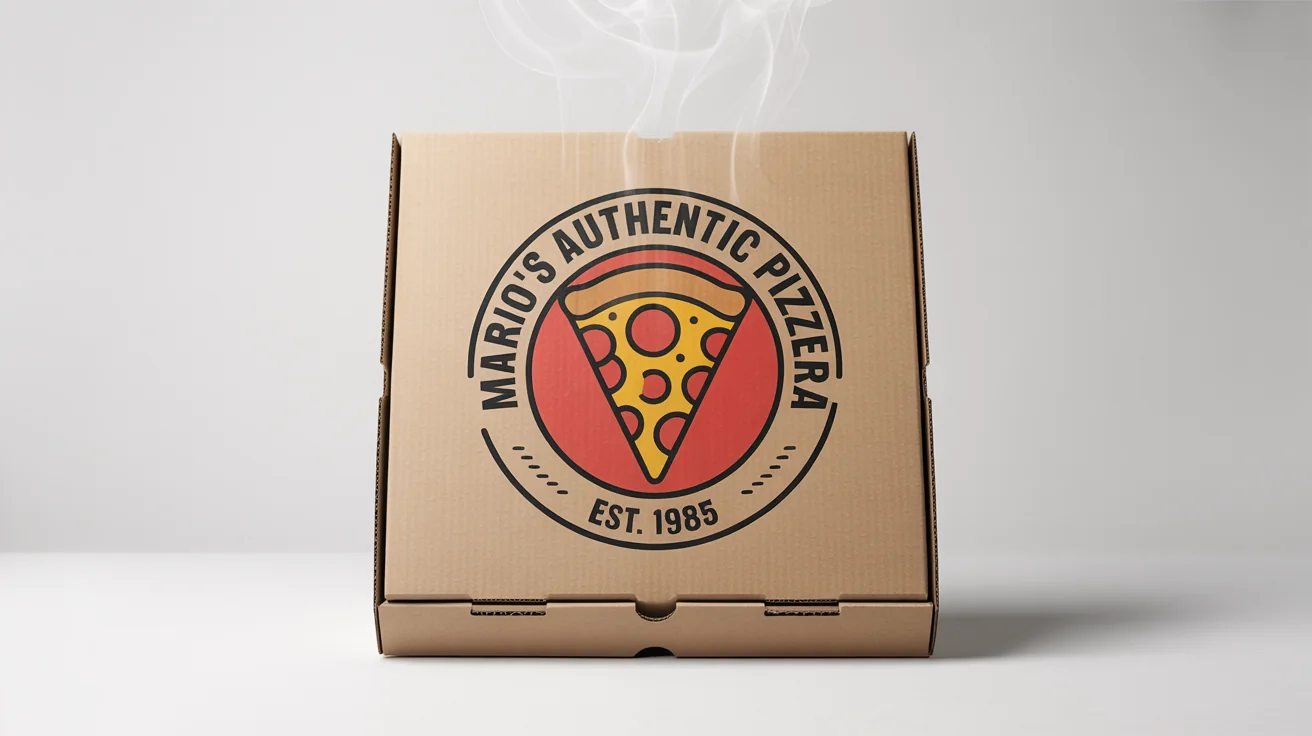 A modern pizza logo for 'Mario's Authentic Pizzeria' mocked up on a brown cardboard pizza box against a clean white background.