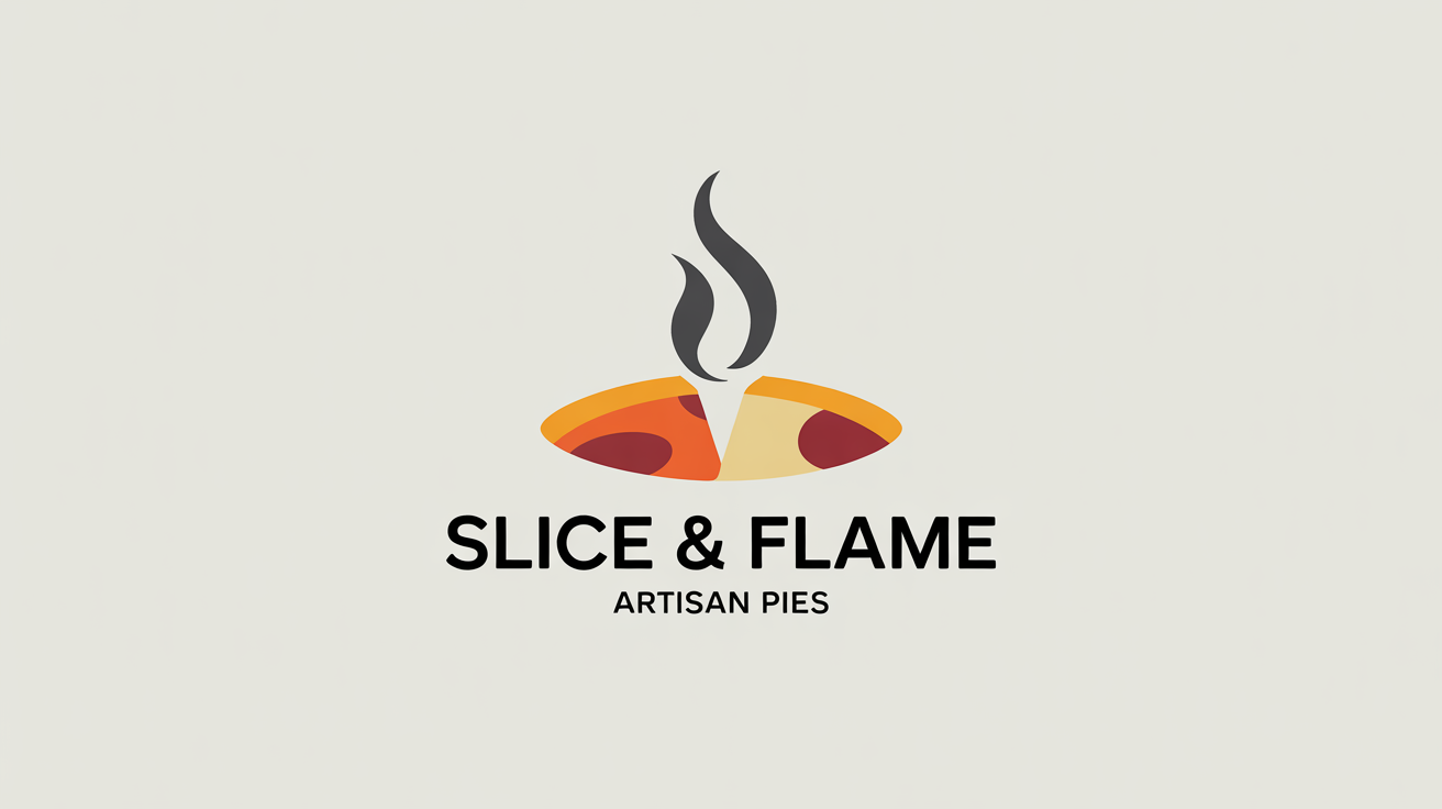 A modern logo for a pizza restaurant named 'Slice & Flame Pizzeria', featuring a stylized pizza slice with a flame icon, set against a white background.