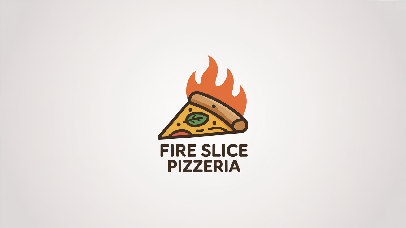 A modern logo for 'Fire Slice Pizzeria'. The logo features a stylized red pizza slice with flames documentos it, on a clean white background.