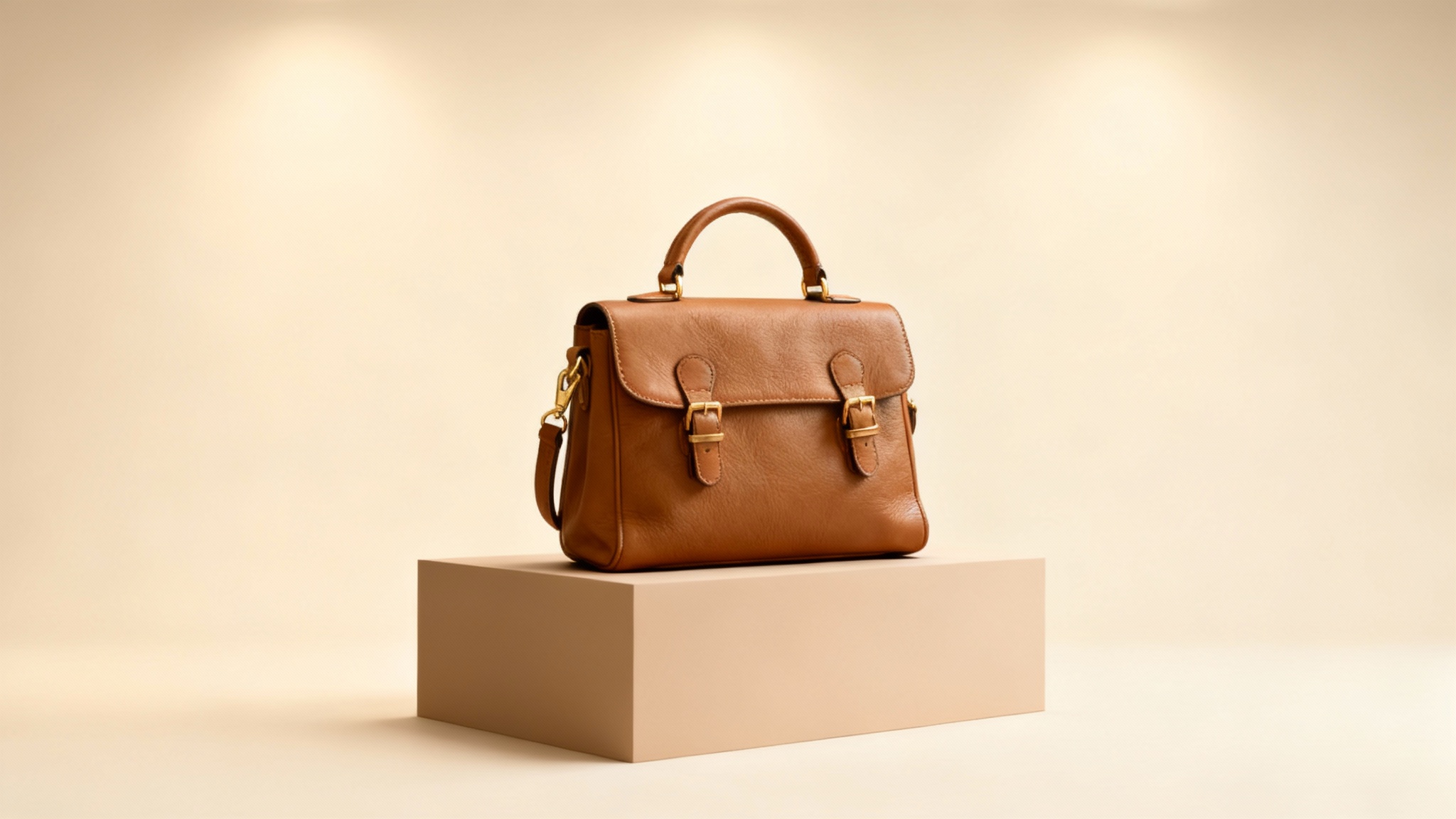 A high-end professional product photograph showing a tan leather handbag with gold hardware perfectly lit and centered on a pedestal in a minimalist studio setting.