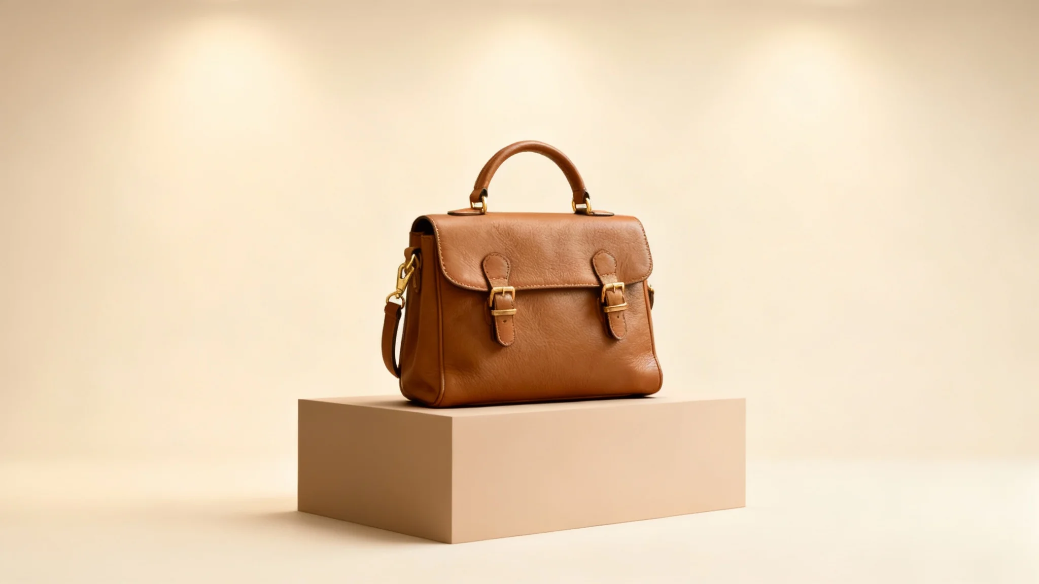 A high-end professional product photograph showing a tan leather handbag with gold hardware perfectly lit and centered on a pedestal in a minimalist studio setting.
