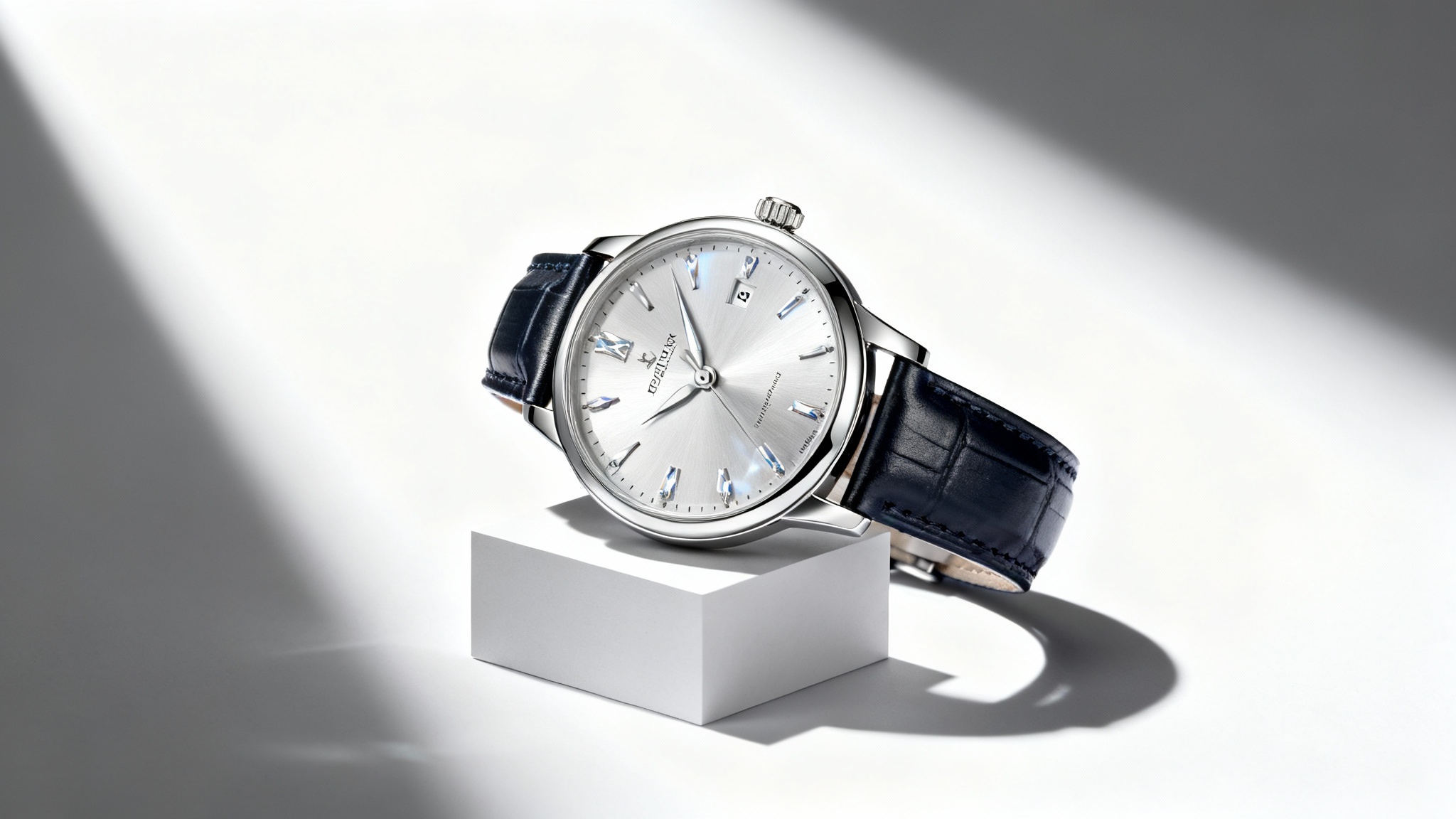 A photorealistic product photograph of a luxury silver watch with a leather strap, elegantly displayed on a block against a clean white studio background.