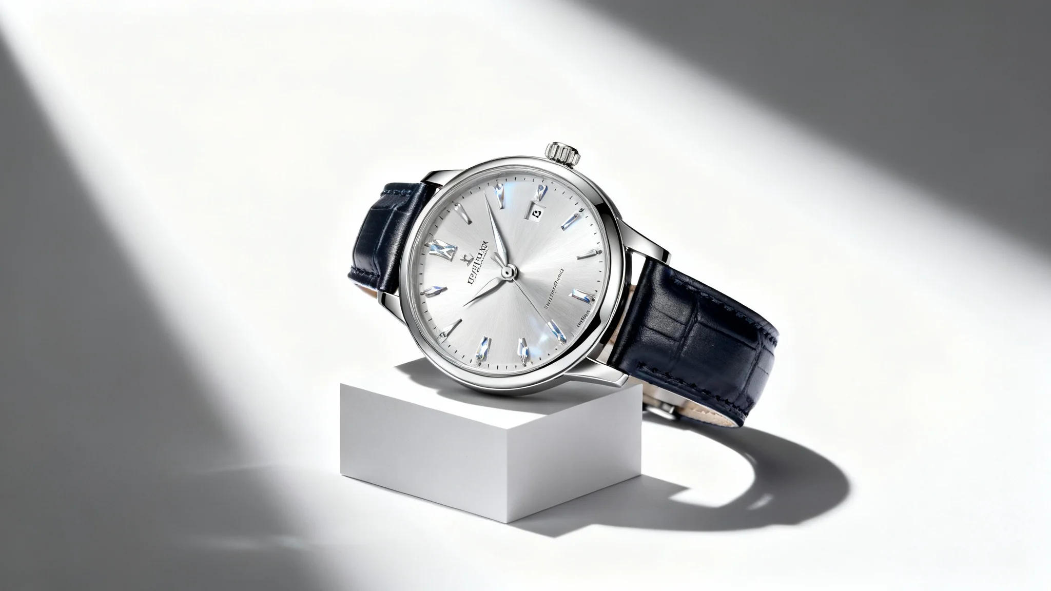 A photorealistic product photograph of a luxury silver watch with a leather strap, elegantly displayed on a block against a clean white studio background.