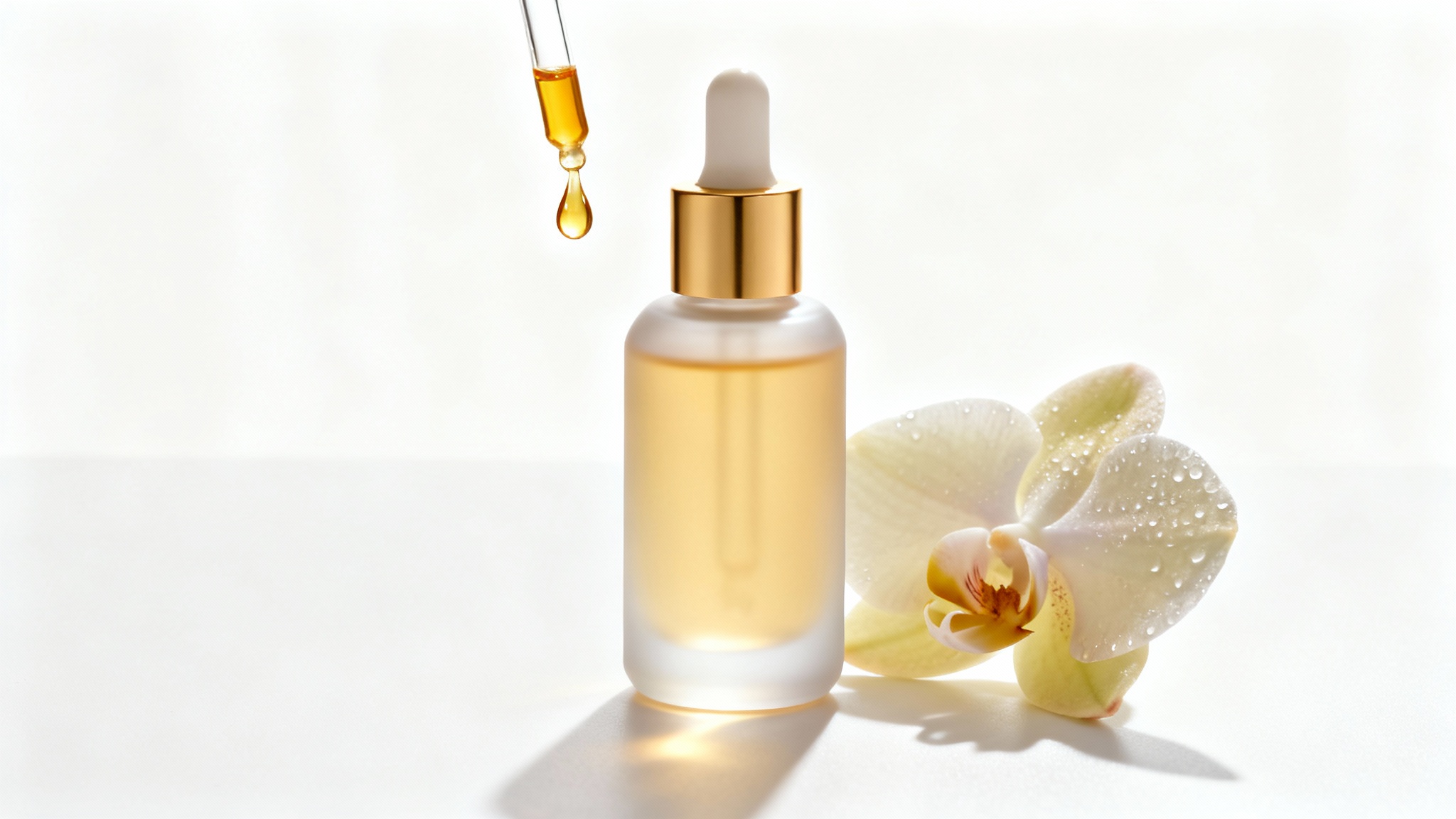 A professional product photograph of a luxury skincare serum in a frosted glass bottle with a gold cap, with a single drop of golden serum falling from the dropper, set against a clean white background with a delicate orchid.