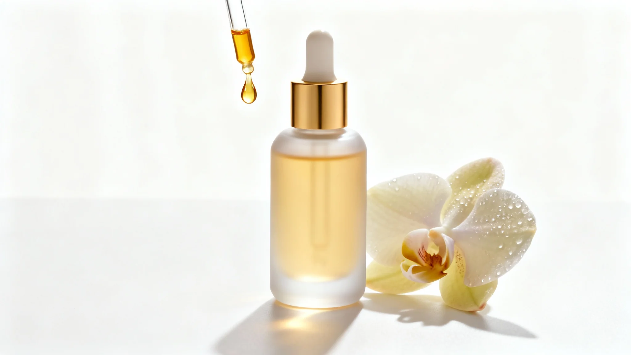 A professional product photograph of a luxury skincare serum in a frosted glass bottle with a gold cap, with a single drop of golden serum falling from the dropper, set against a clean white background with a delicate orchid.