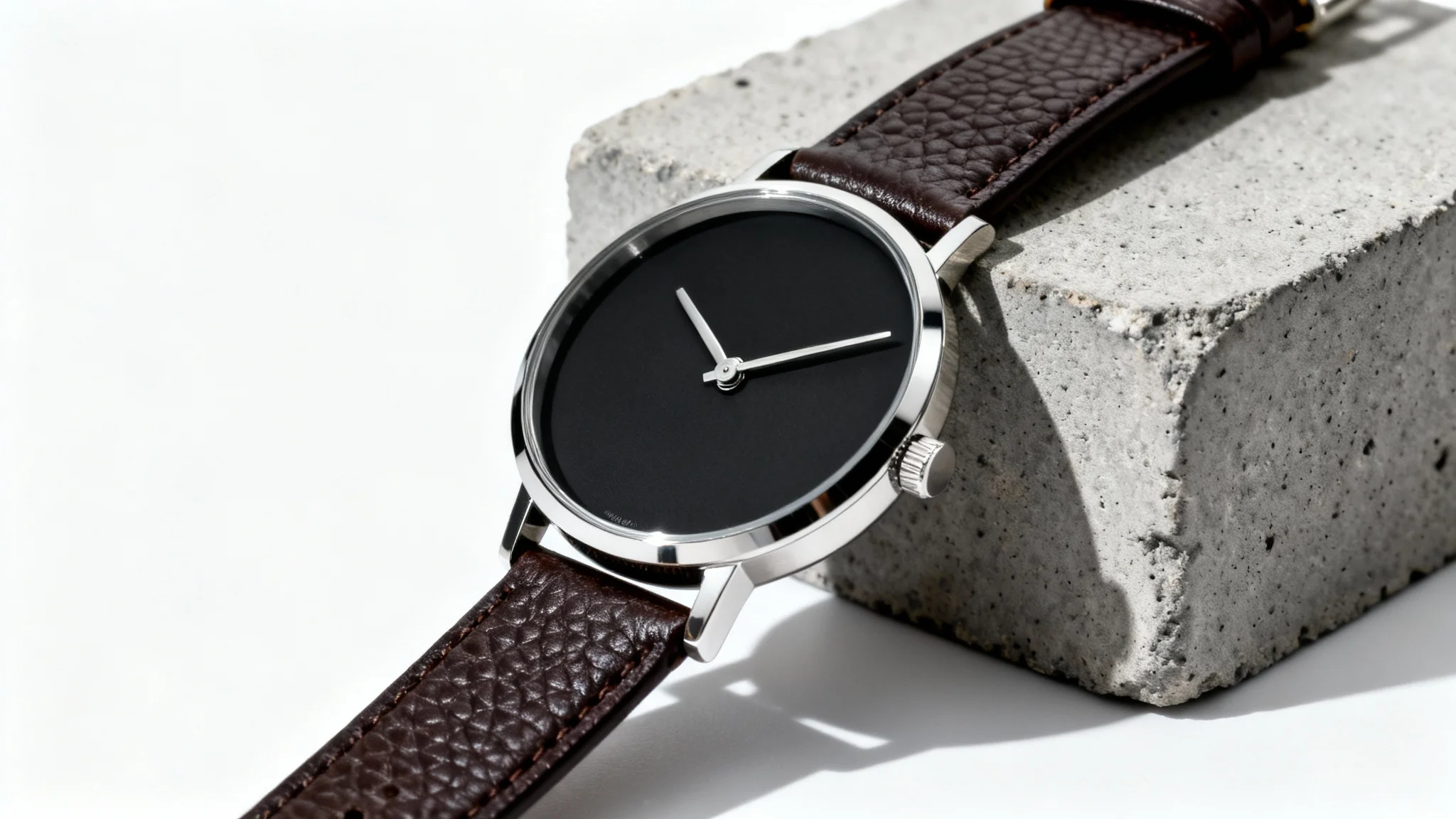 A professional product photograph of a luxury wristwatch with a black face and brown leather strap, resting on a gray concrete block against a clean white background. The lighting highlights the watch's textures and details.