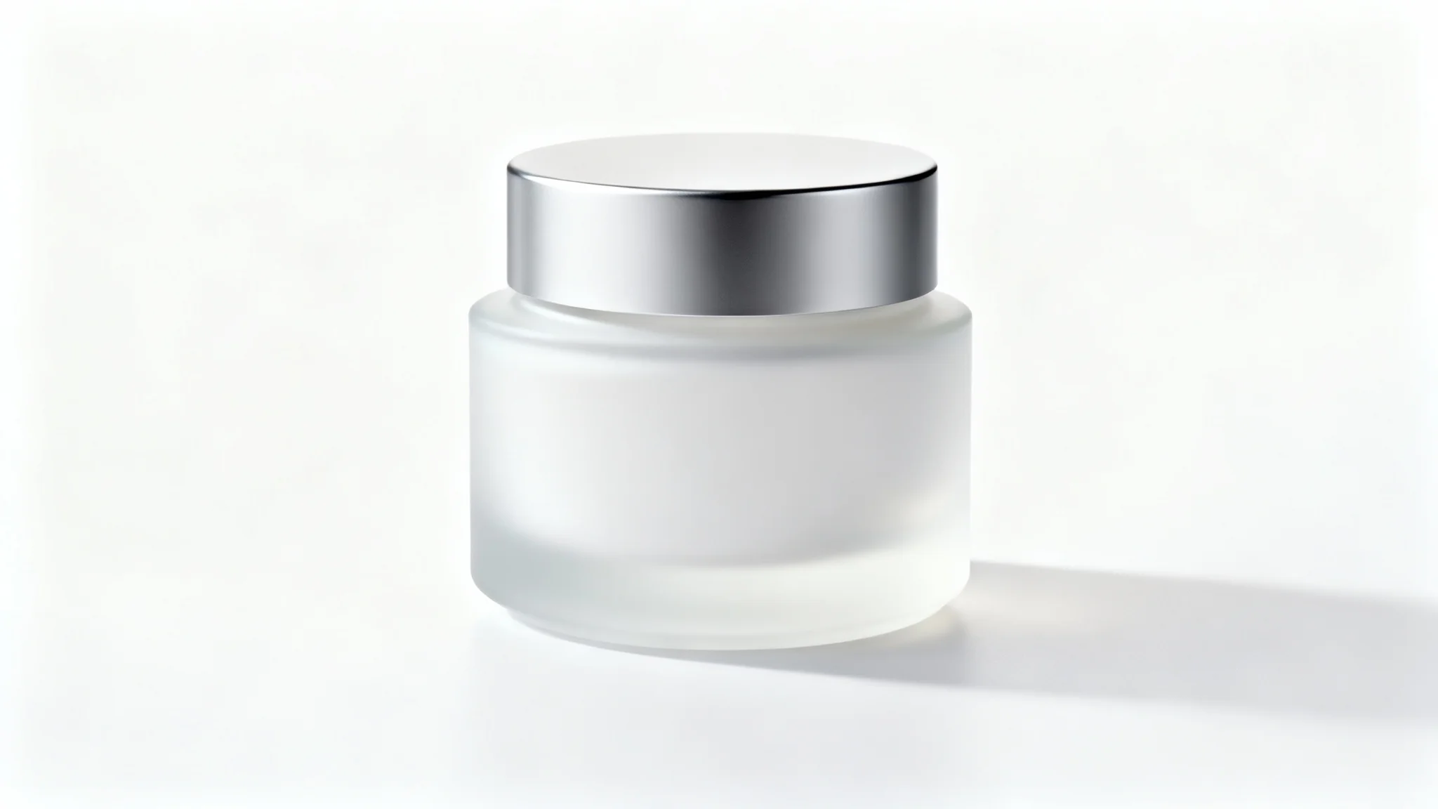 A professional product photograph of a luxurious, white frosted glass moisturizer jar with a silver lid, set against a clean, seamless white background in a studio setting.
