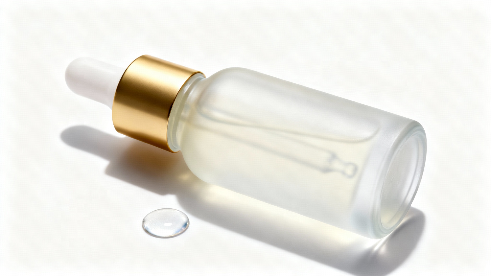 A high-end product photograph of a luxury cosmetic serum in a frosted glass bottle, featuring a single water droplet on its surface, isolated against a solid white background.