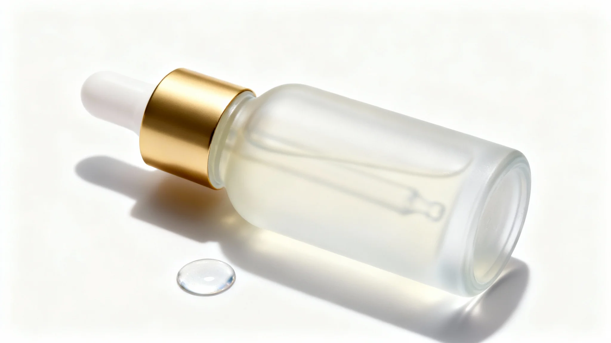 A high-end product photograph of a luxury cosmetic serum in a frosted glass bottle, featuring a single water droplet on its surface, isolated against a solid white background.