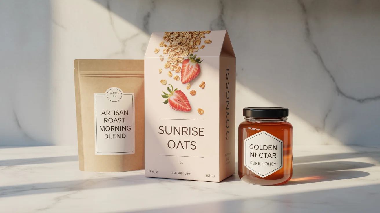 A collection of professionally designed food packaging mockups, including a cereal box, a coffee pouch, and a honey jar, displayed on a clean marble surface.