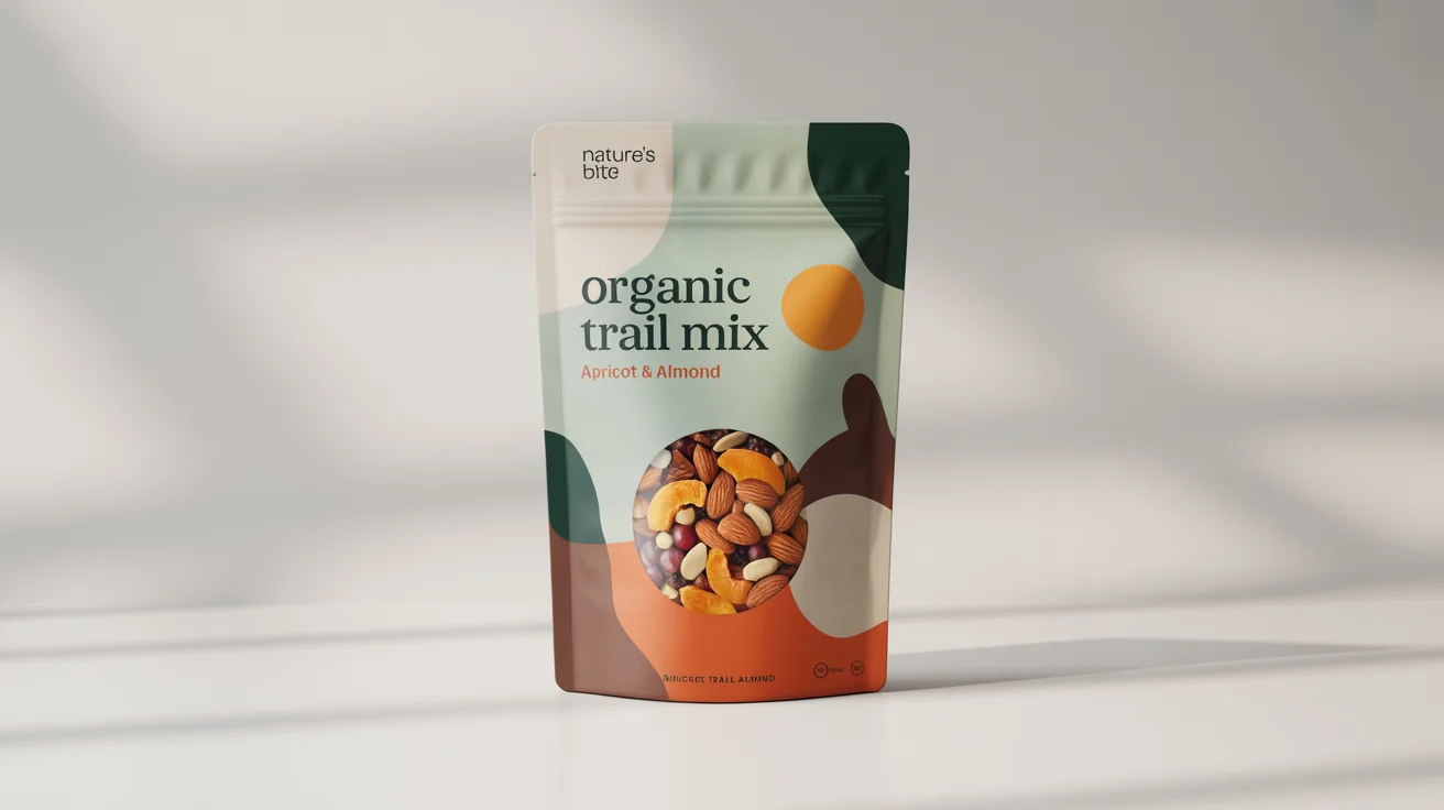 A food packaging mockup of a modern, resealable pouch for 'Nature's Bite Organic Trail Mix', shown against a plain white background. The design is clean and features a small window showing the product inside.