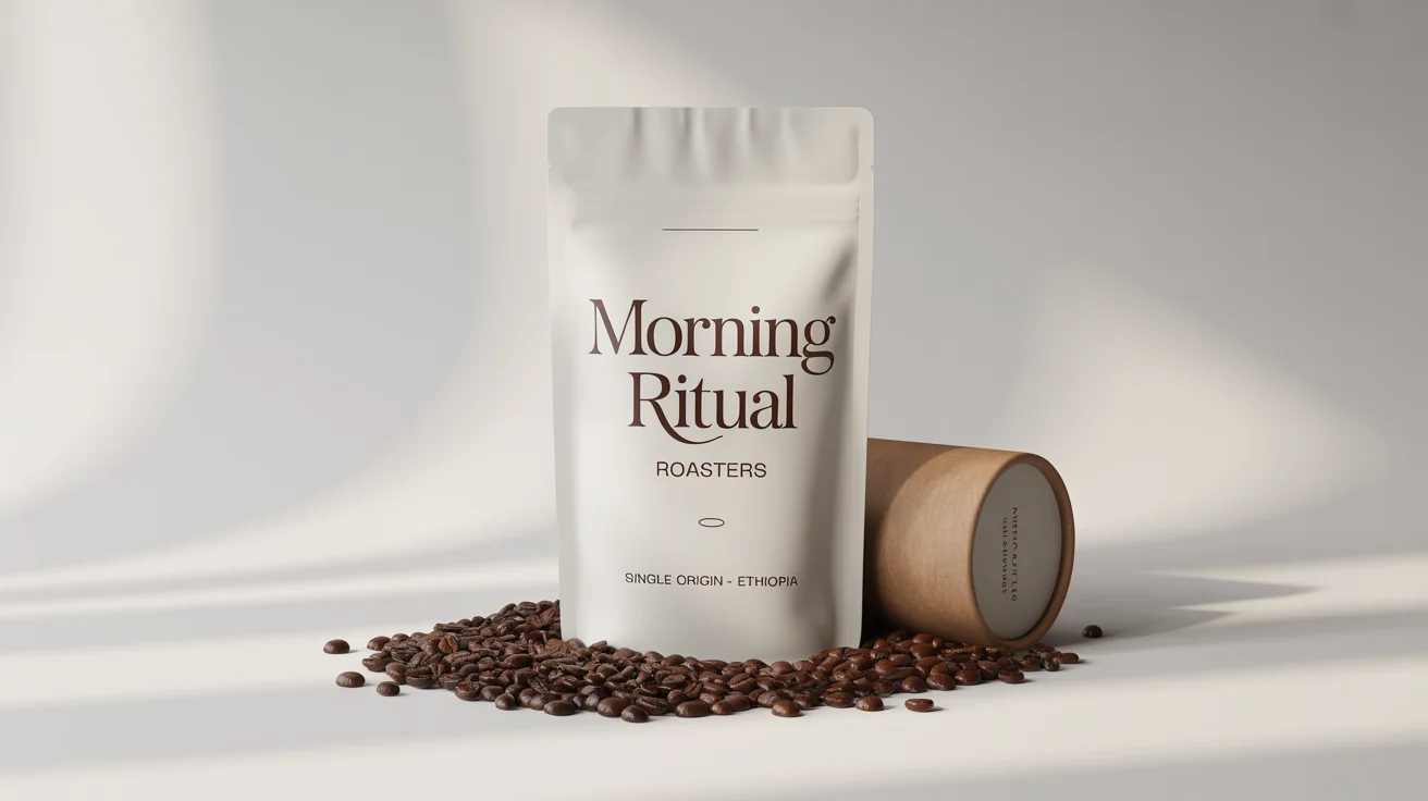 A photorealistic mockup of premium coffee packaging, including a white pouch and tube for 'Morning Ritual Roasters' brand, set against a clean white background.
