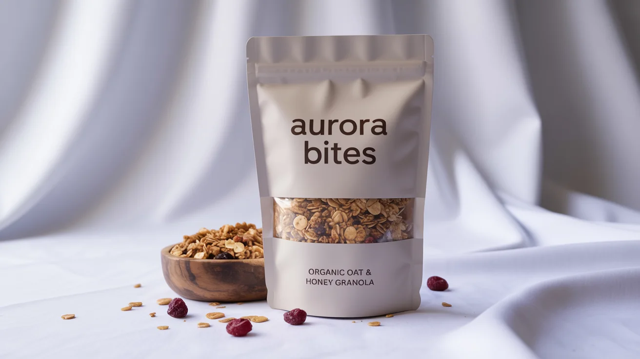 A professional mockup of a white pouch of 'AURORA BITES' organic granola, standing next to a small bowl of the granola against a stark white background.