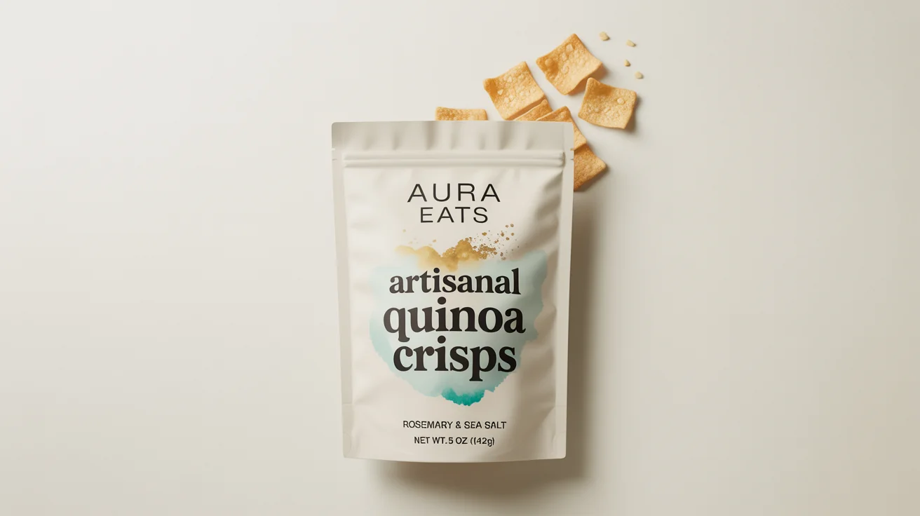 A professional mockup of a white pouch for 'AURA EATS' brand 'Artisanal Quinoa Crisps', flavored with 'Rosemary & Sea Salt', set against a clean white background with a few crisps scattered nearby.