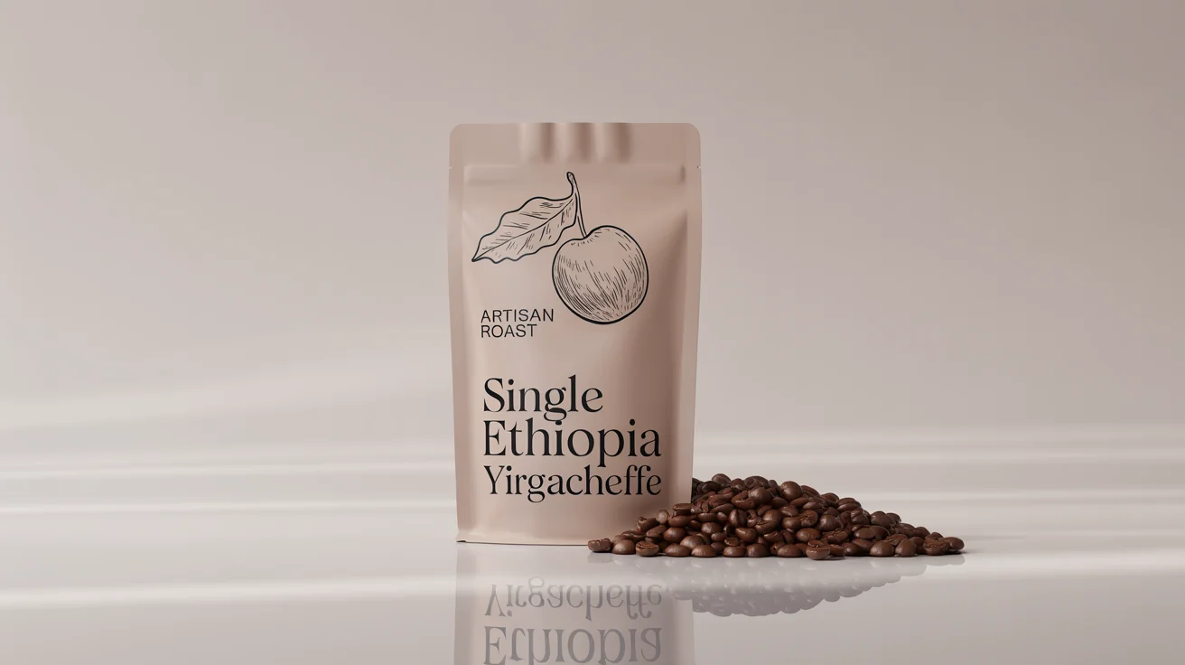 A professional mockup of a matte black coffee bag for 'Artisan Roast' brand, set against a white background with a small pile of roasted coffee beans next to it.