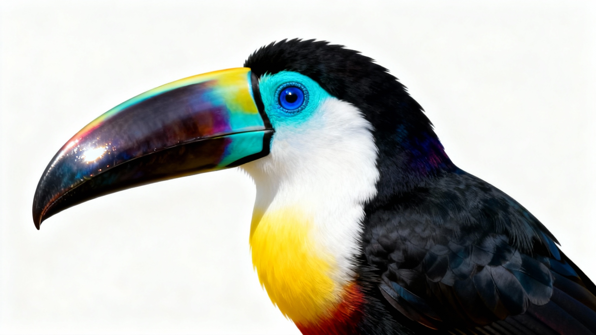 A hyper-realistic digital illustration of a colorful toucan with a large rainbow beak, shown against a solid white background, resembling a high-quality PNG cutout.