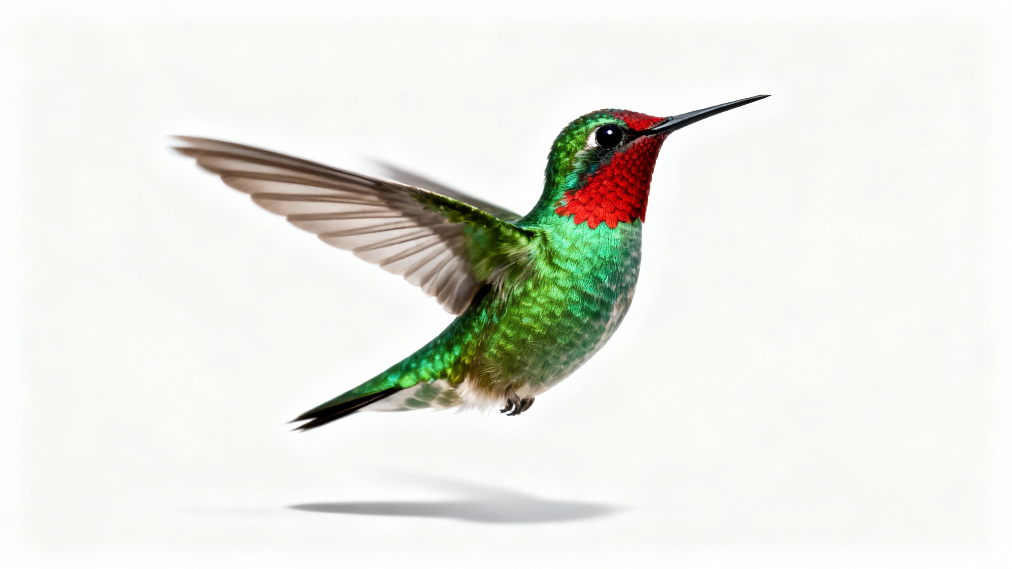 A high-resolution, photorealistic image of a colorful hummingbird in mid-flight, isolated against a solid white background, representing a high-quality PNG asset.