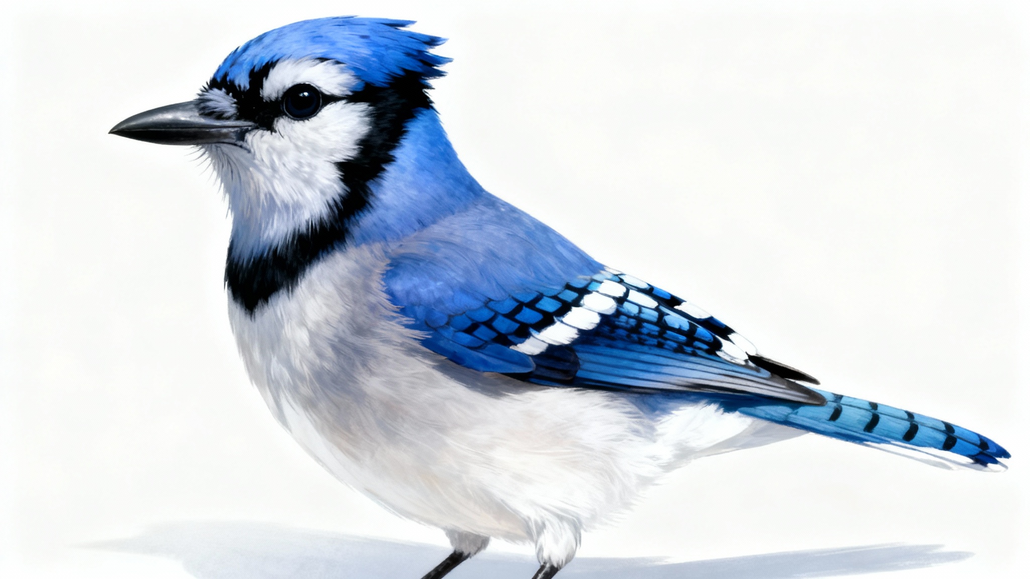A hyper-realistic digital illustration of a single blue jay in sharp detail, isolated against a plain white background, showcasing its vibrant blue and white feathers.