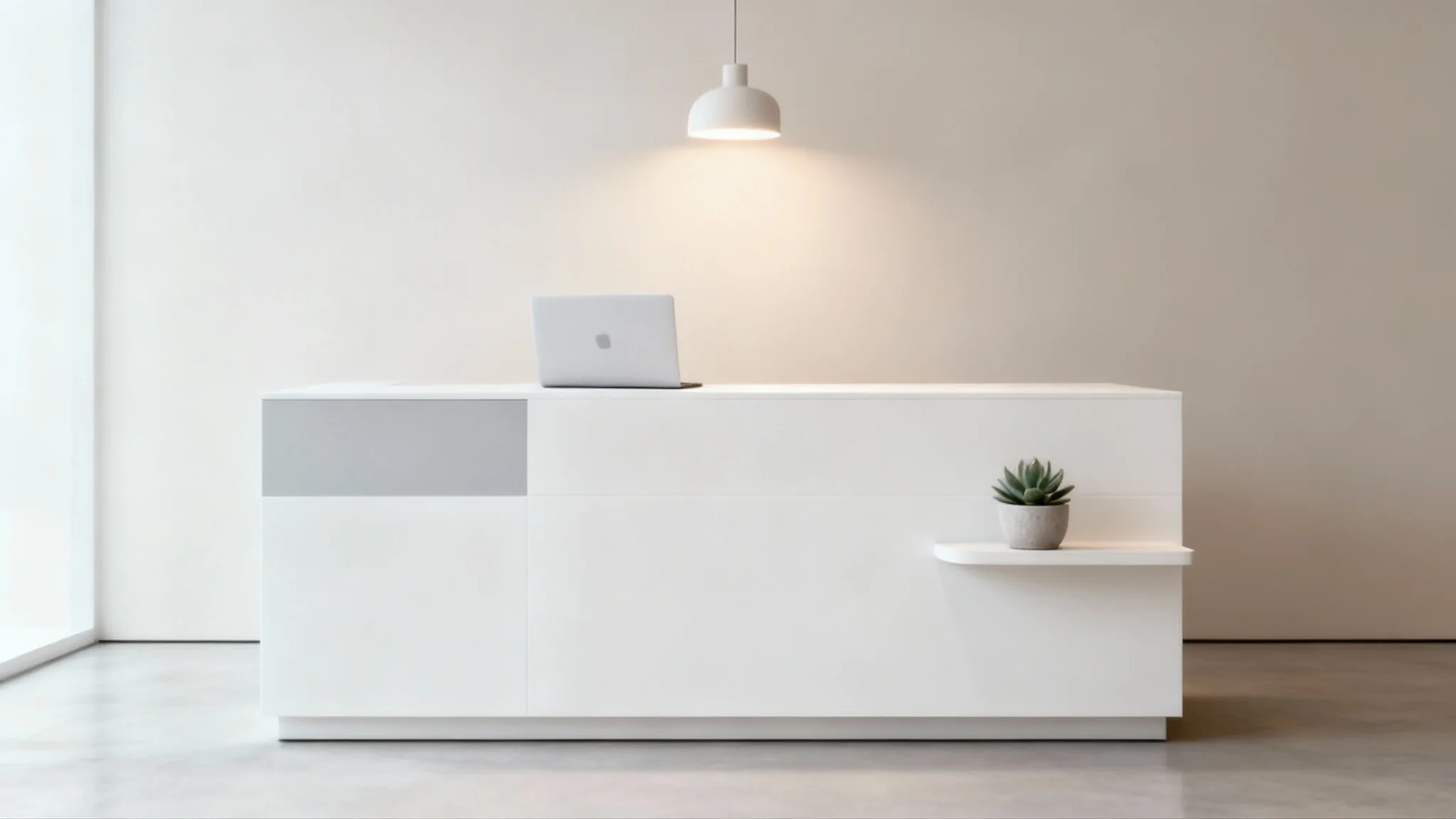A photorealistic rendering of a final minimalist reception desk design, showing a sleek white and gray desk in a modern, sunlit office lobby.