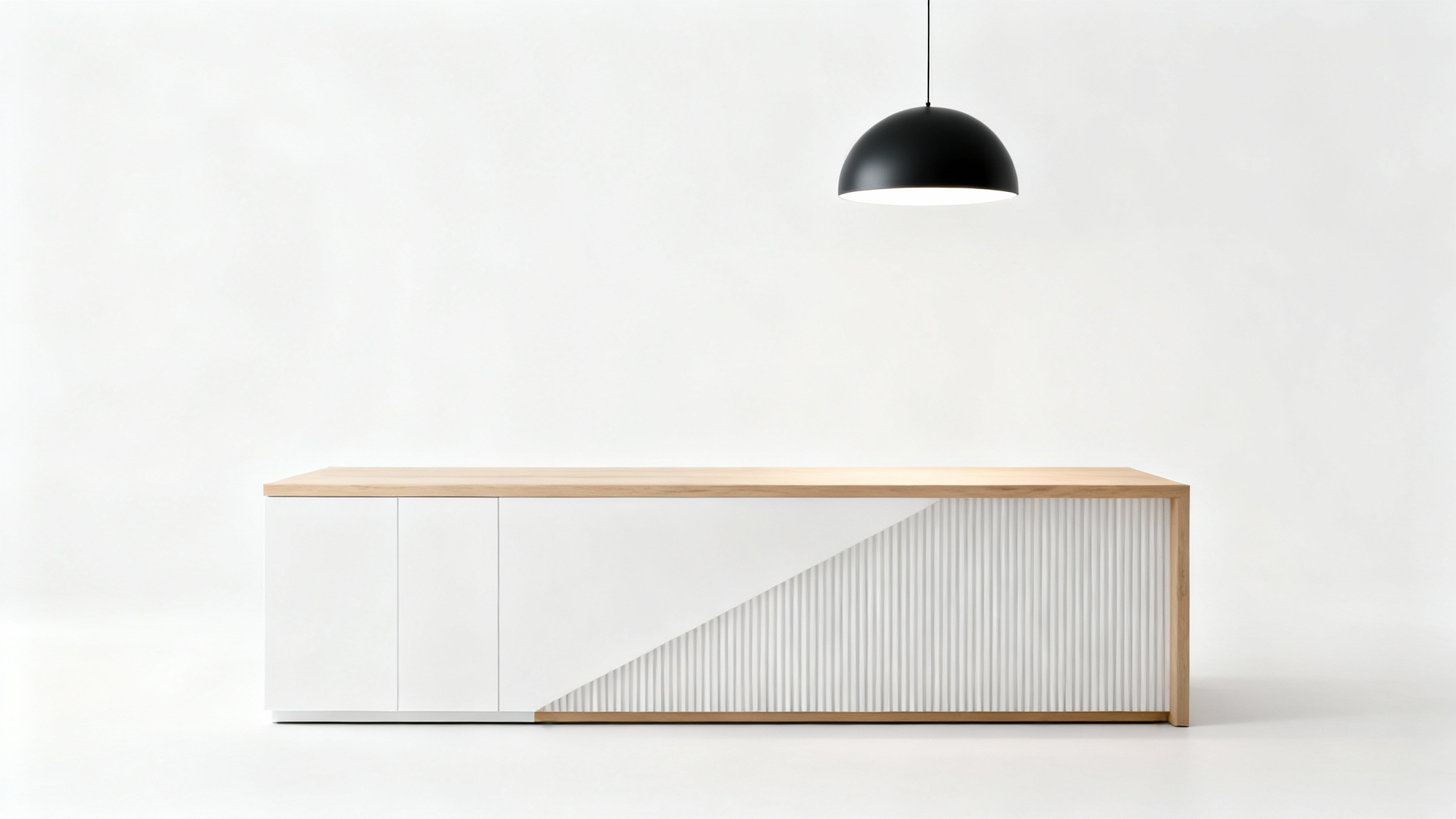 A front-facing view of a modern, minimalist reception desk made of light oak and white panels, sitting in an empty space with a pure white background.
