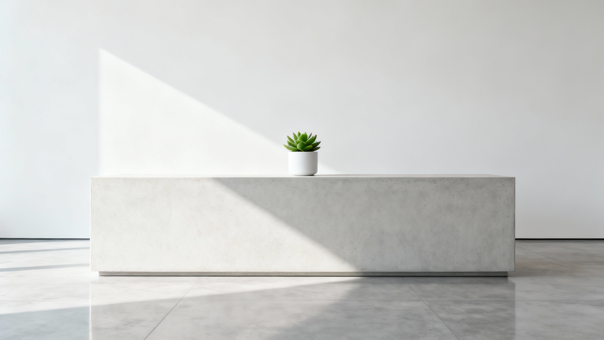 A photorealistic image of a minimalist reception desk made of light concrete, situated in a bright, modern lobby with a white wall and polished concrete floors.