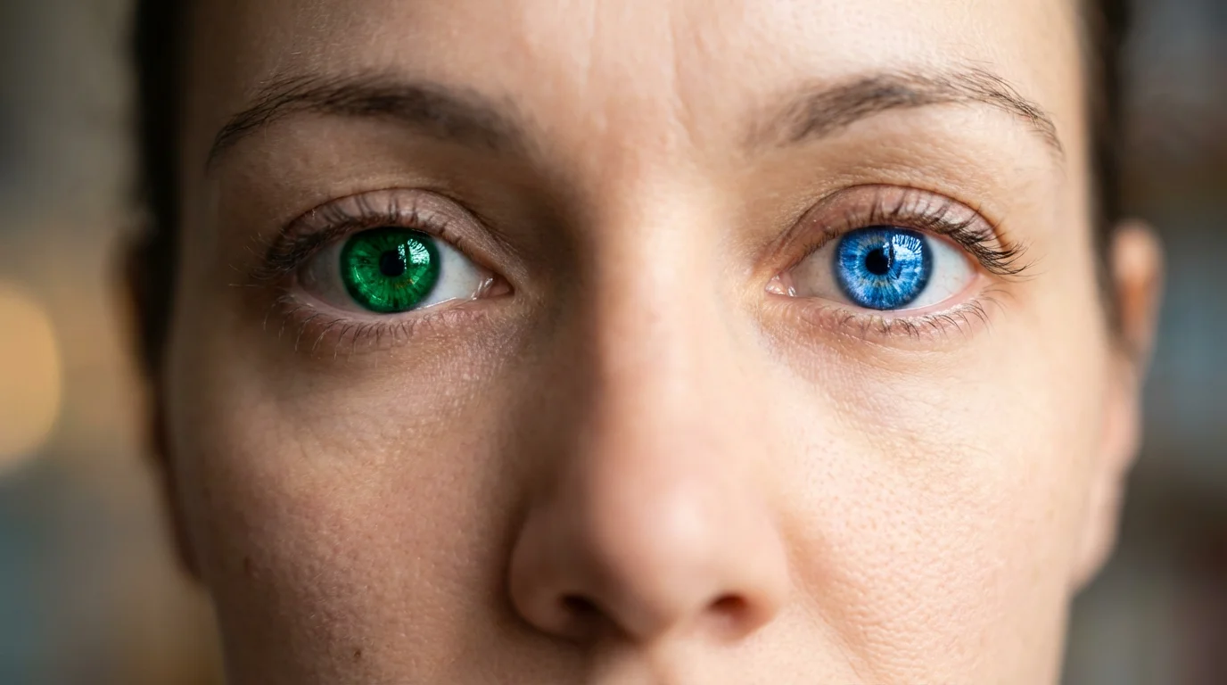 An eye-catching close-up of a person's face demonstrating an eye color changing tool. The left eye has been changed to a vivid emerald green, and the right eye to a brilliant sapphire blue, both looking stunningly realistic.