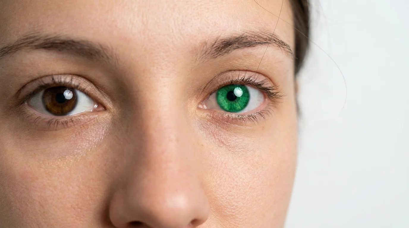 A photorealistic close-up of a woman's face showing two different eye colors; her right eye is brown and her left eye is a vibrant green, demonstrating an eye color change effect against a white background.
