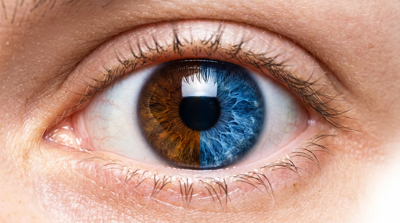 A close-up macro photograph of a human eye, dramatically showing a color change. Half of the iris is a natural brown, and the other half is a vivid, striking blue, against a clean white background.