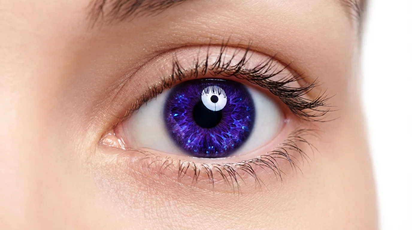 A hyper-realistic macro shot of a human eye with a digitally altered vibrant violet iris, highlighting the detail and color change, set against a clean white background.