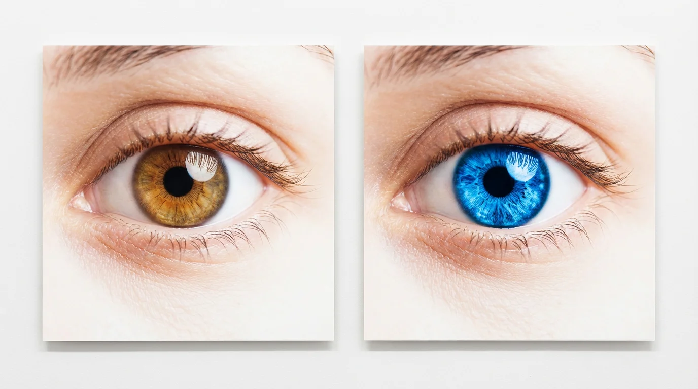 A before-and-after close-up shot of a human eye. The left image shows a natural brown eye, and the right image shows the same eye digitally altered to a vibrant blue, all against a white background.