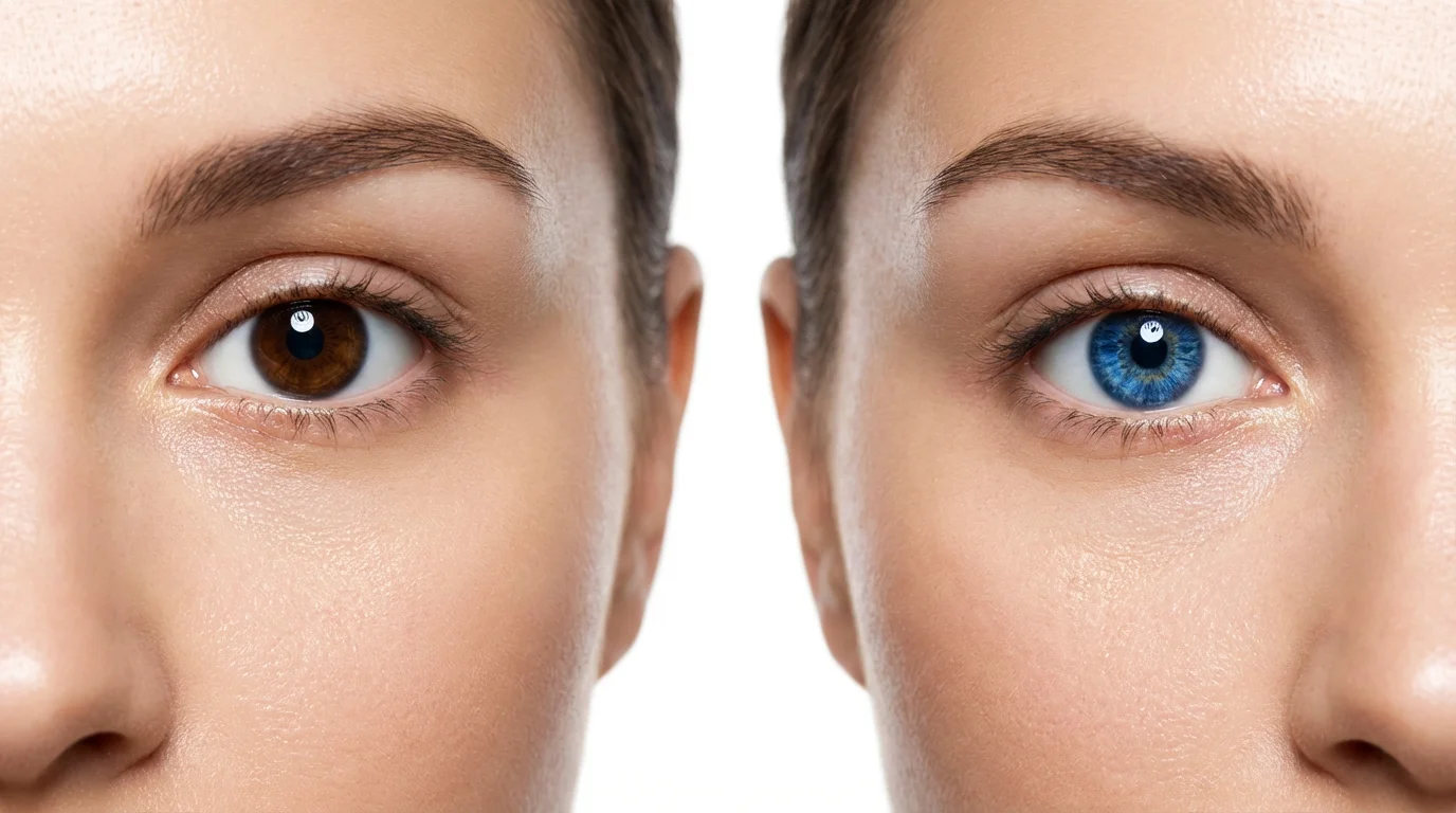 A hyper-realistic close-up photo of a woman's eyes. One eye is brown and the other is a vibrant blue, illustrating an eye color change. The background is solid white.