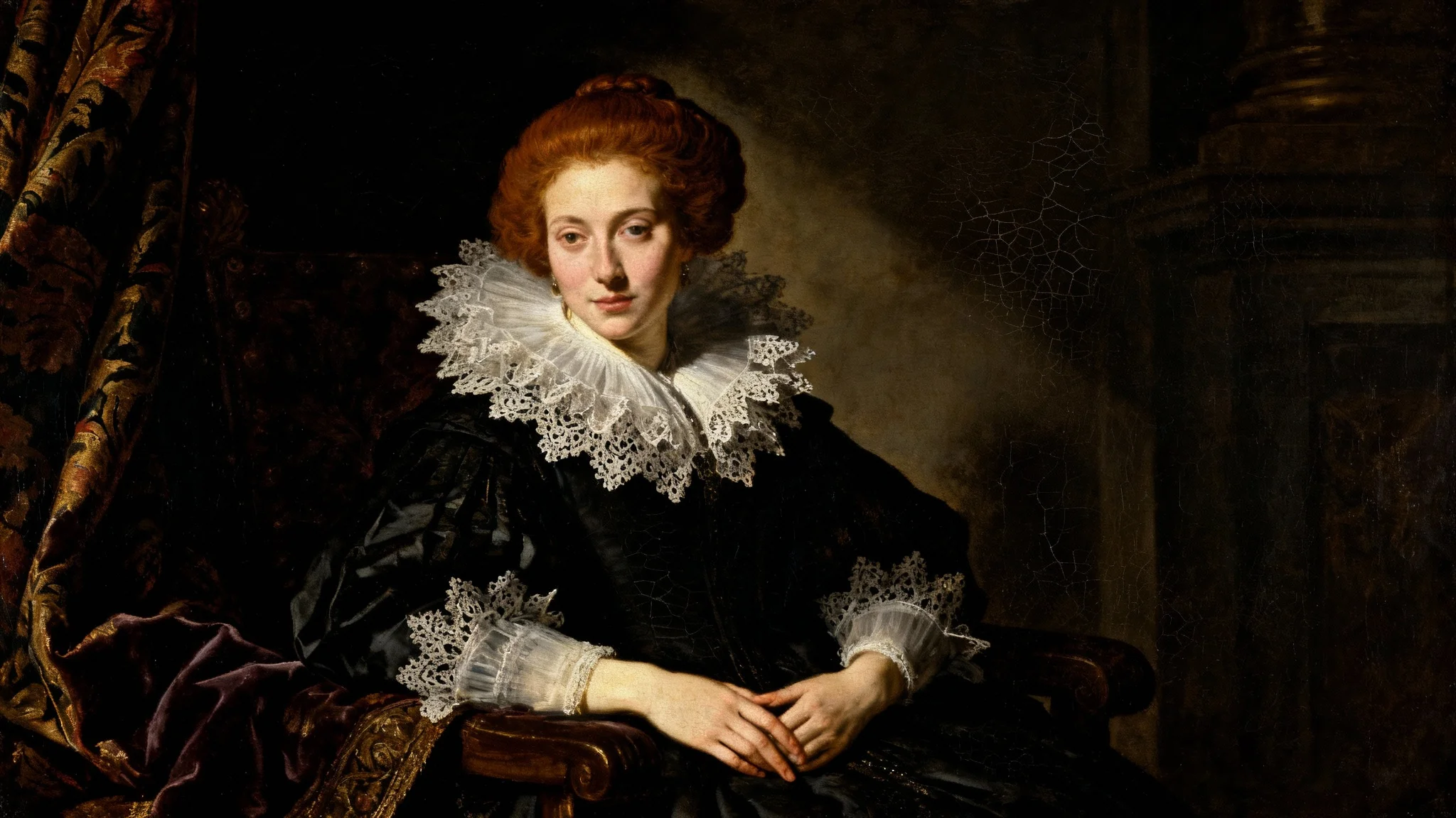 A hyper-detailed digital painting in the style of a Renaissance masterpiece, showing a noblewoman in dramatic lighting against a dark background.