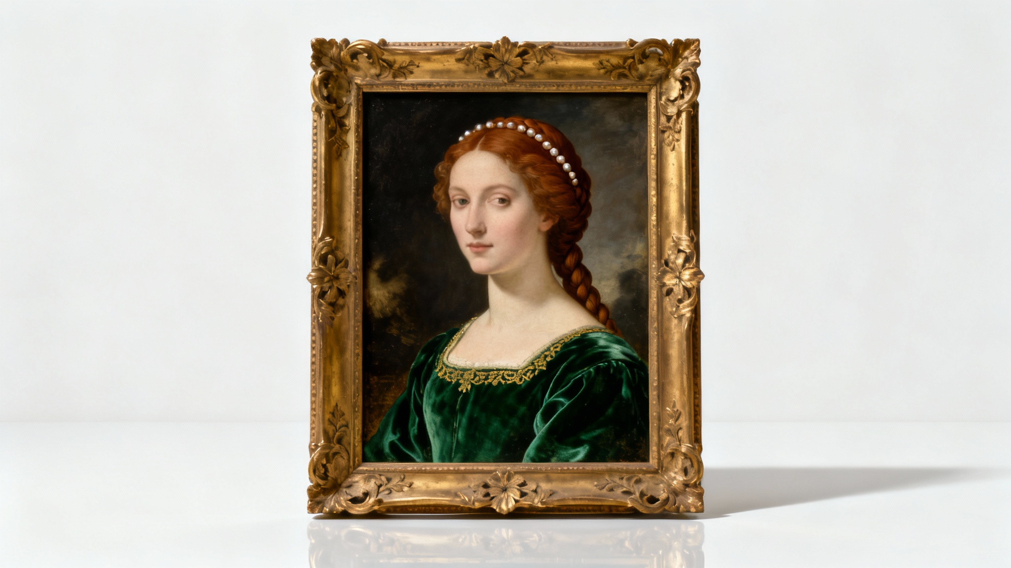A high-quality mockup of a Renaissance-style portrait painting of a noblewoman, encased in a heavy, ornate gold frame and set against a plain white background.
