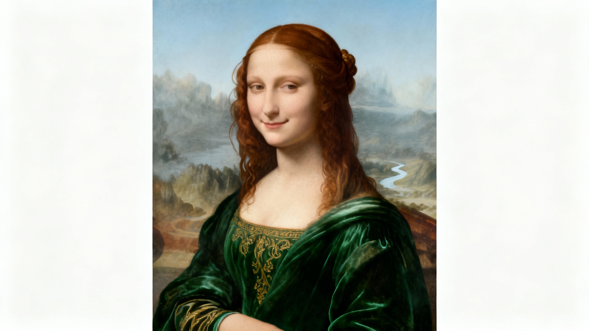 A photorealistic mockup of a Renaissance-style portrait painting of a woman with auburn hair and a green velvet dress, displayed against a plain white background.