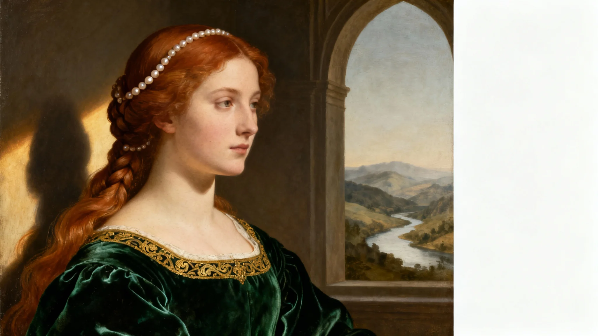 A mockup of a Renaissance-style oil painting portraying a noblewoman in a green velvet dress, set against a plain white background.