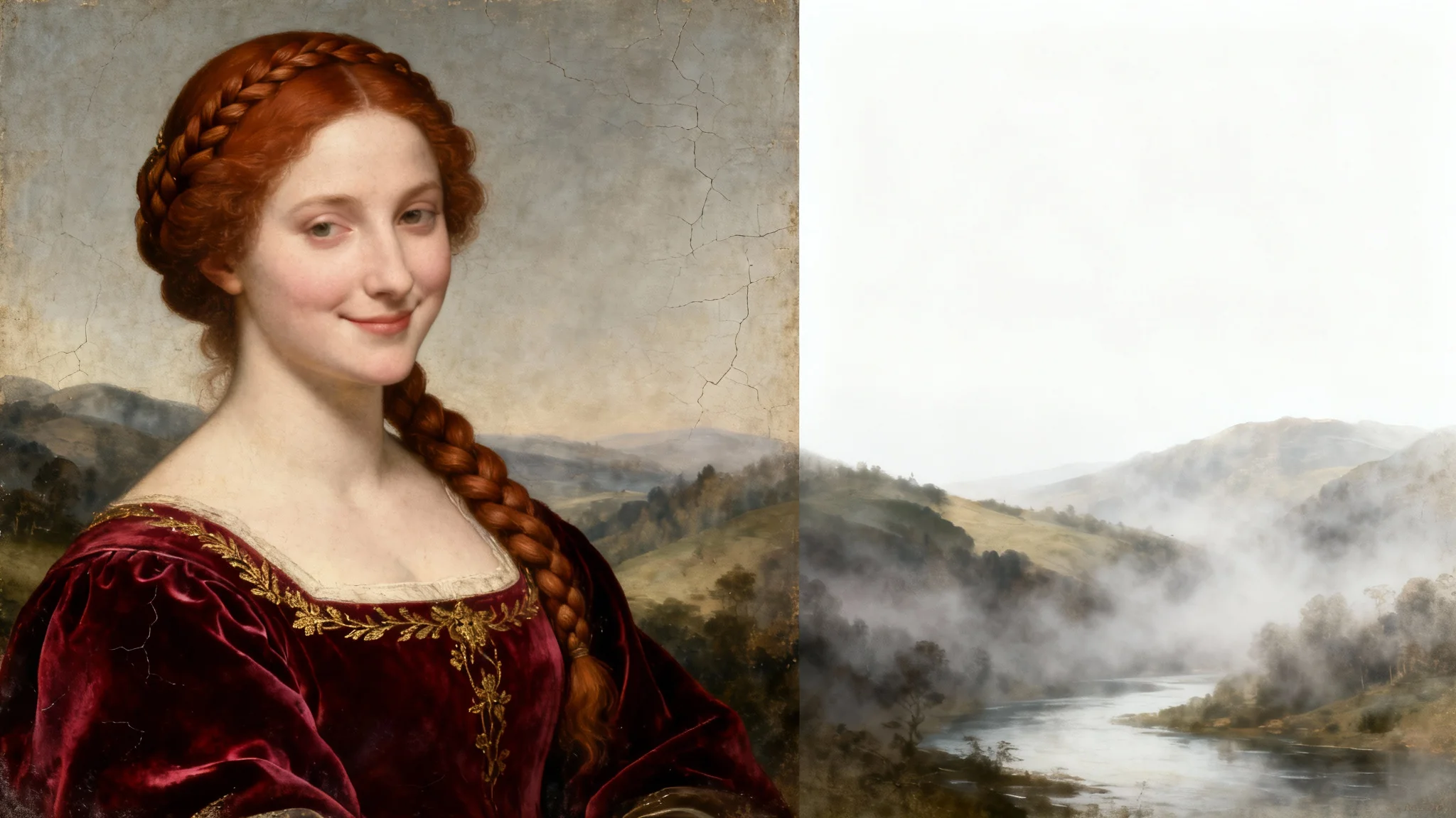 A mockup of a Renaissance-style portrait of a woman in a red velvet dress with a mysterious smile, set against a hazy landscape. The painting is displayed on a clean white background.