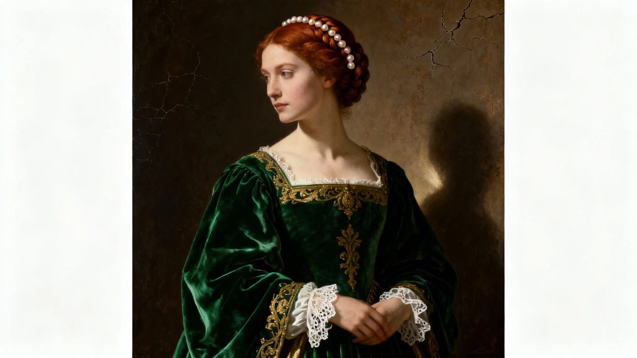 A Renaissance-style oil painting of a noblewoman with an enigmatic smile, wearing an elegant green velvet dress against a dark background, presented as a mockup on a white background.