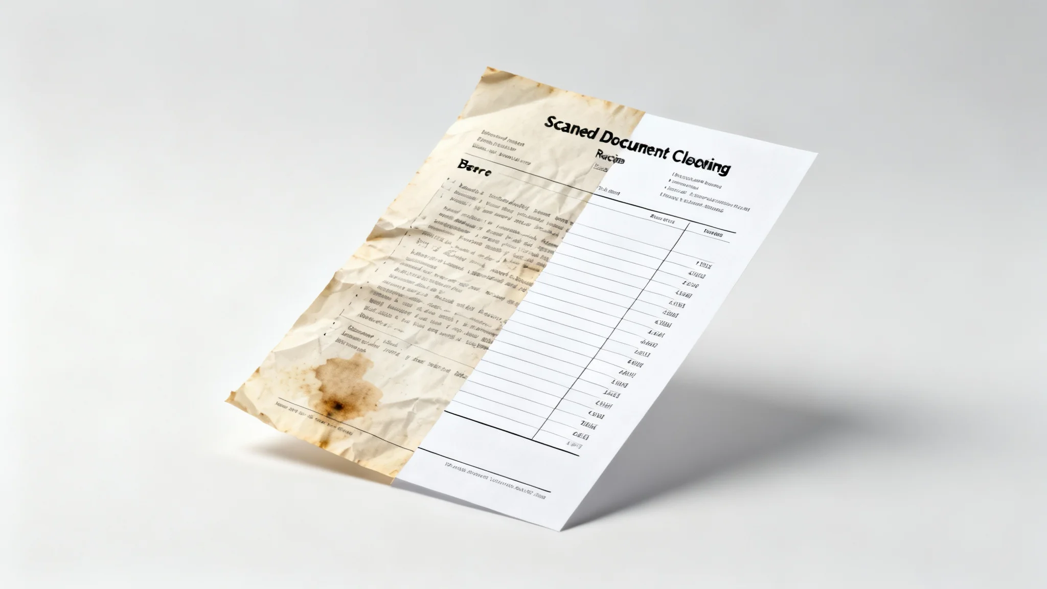 A before-and-after image of a business invoice being cleaned by a document cleanup tool, showing the transformation from a stained, skewed scan to a crisp, digital document.
