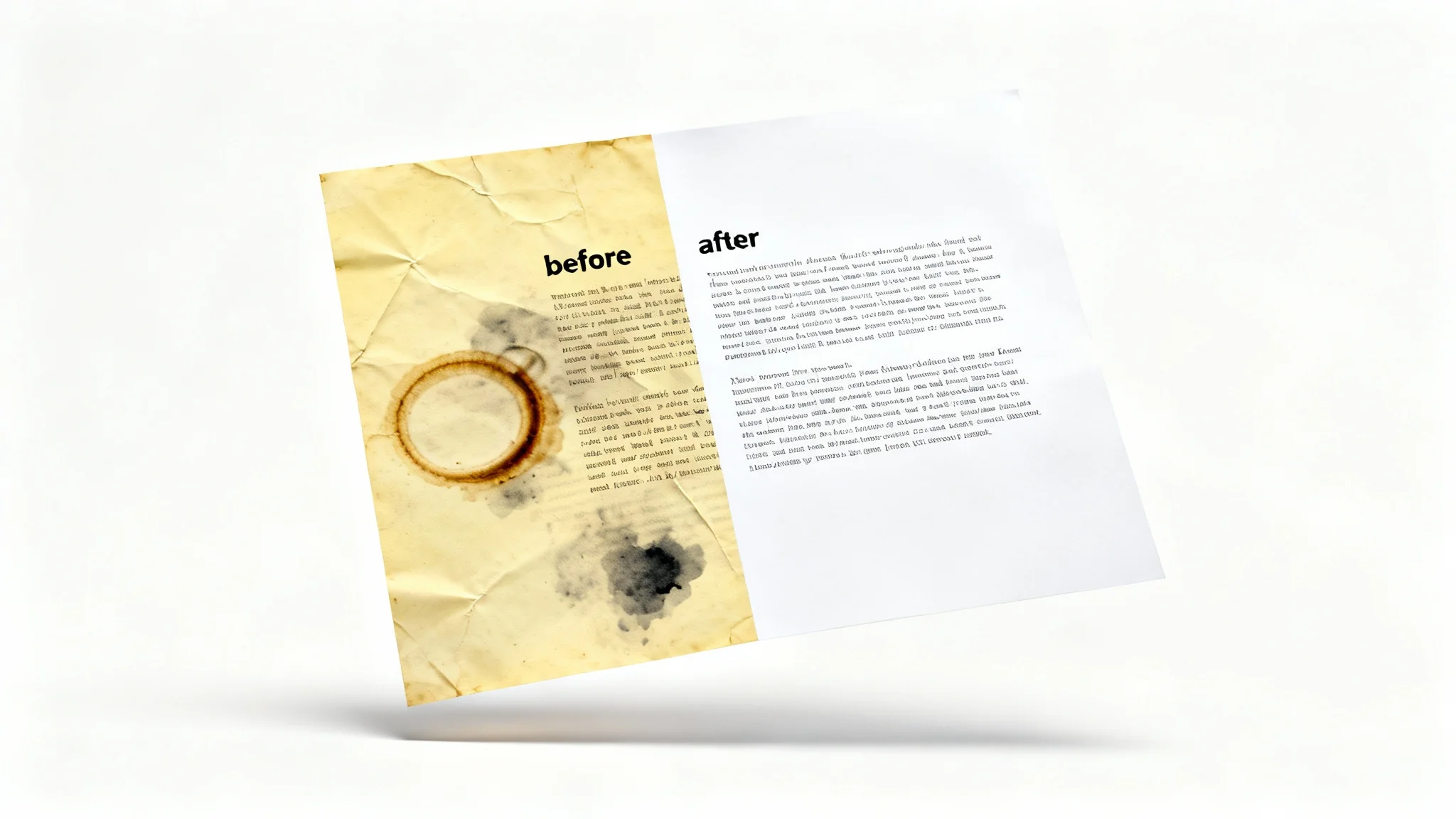 A before-and-after comparison of a document being digitally cleaned. One half shows a stained, creased, and faded document, while the other half shows the same document as clean, crisp, and perfectly legible.
