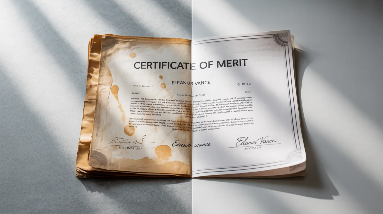 A powerful before-and-after image of a document. The left side is old, yellowed, and stained, while the right side is perfectly clean and crisp, demonstrating the effect of a scanned document cleanup service.