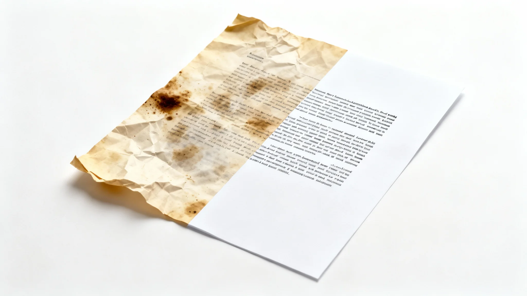 A visual representation of document cleanup, showing a document that is half stained and crumpled and half clean and pristine, illustrating the before and after effect of the service.