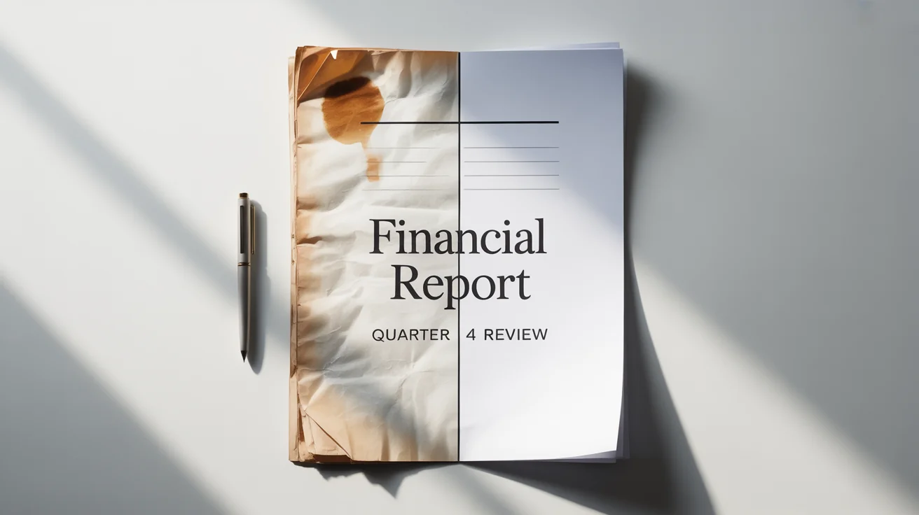 A side-by-side comparison showing a document being cleaned up. The left side is old, stained, and faded, while the right side is pristine, white, and has crisp text, illustrating the effect of a scanned document cleanup tool.