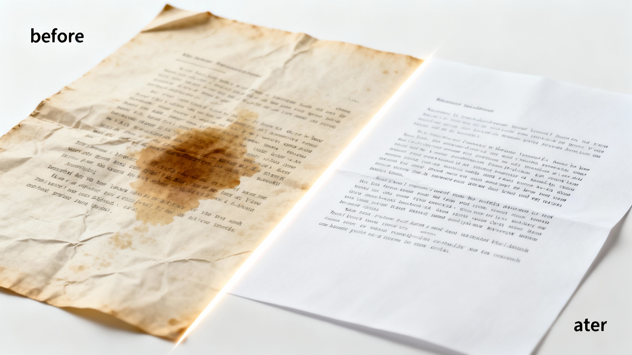 A before-and-after image representing document cleanup. One half of the paper is old, stained, and creased, while the other half is perfectly clean, white, and restored.