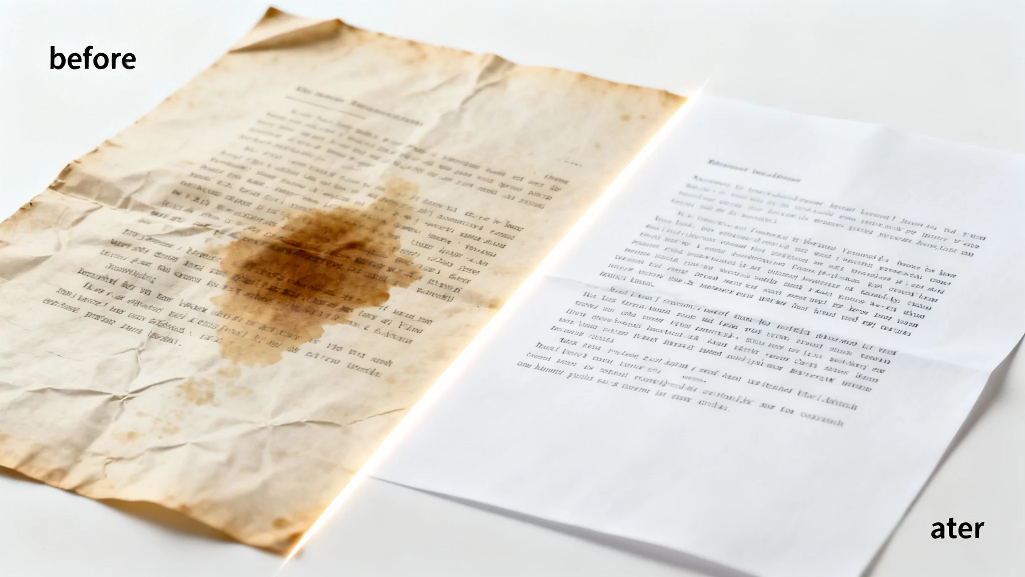 A before-and-after image representing document cleanup. One half of the paper is old, stained, and creased, while the other half is perfectly clean, white, and restored.
