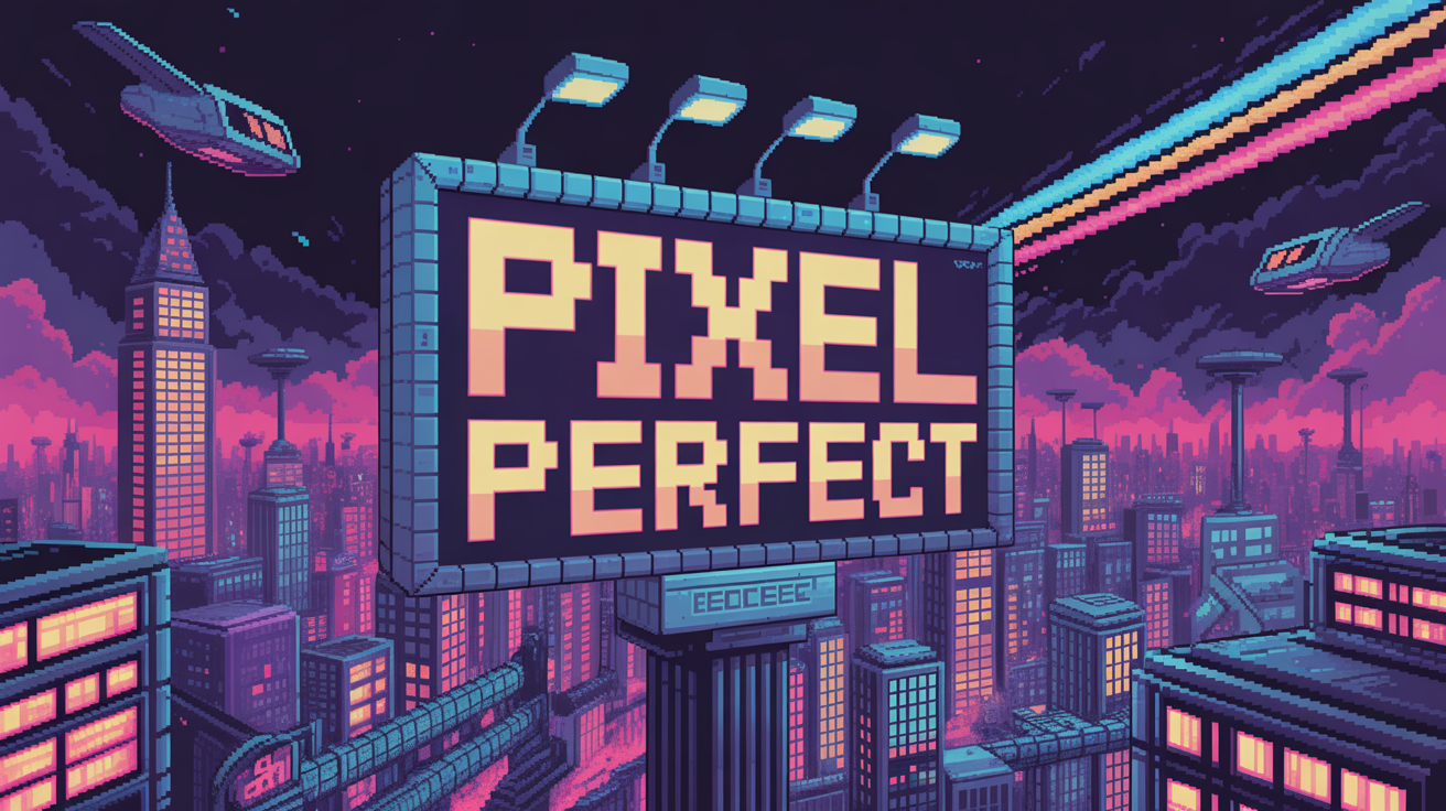A detailed 16-bit pixel art banner of a futuristic city at night, with flying cars and neon signs, featuring a large central billboard that reads 'PIXEL PERFECT'.