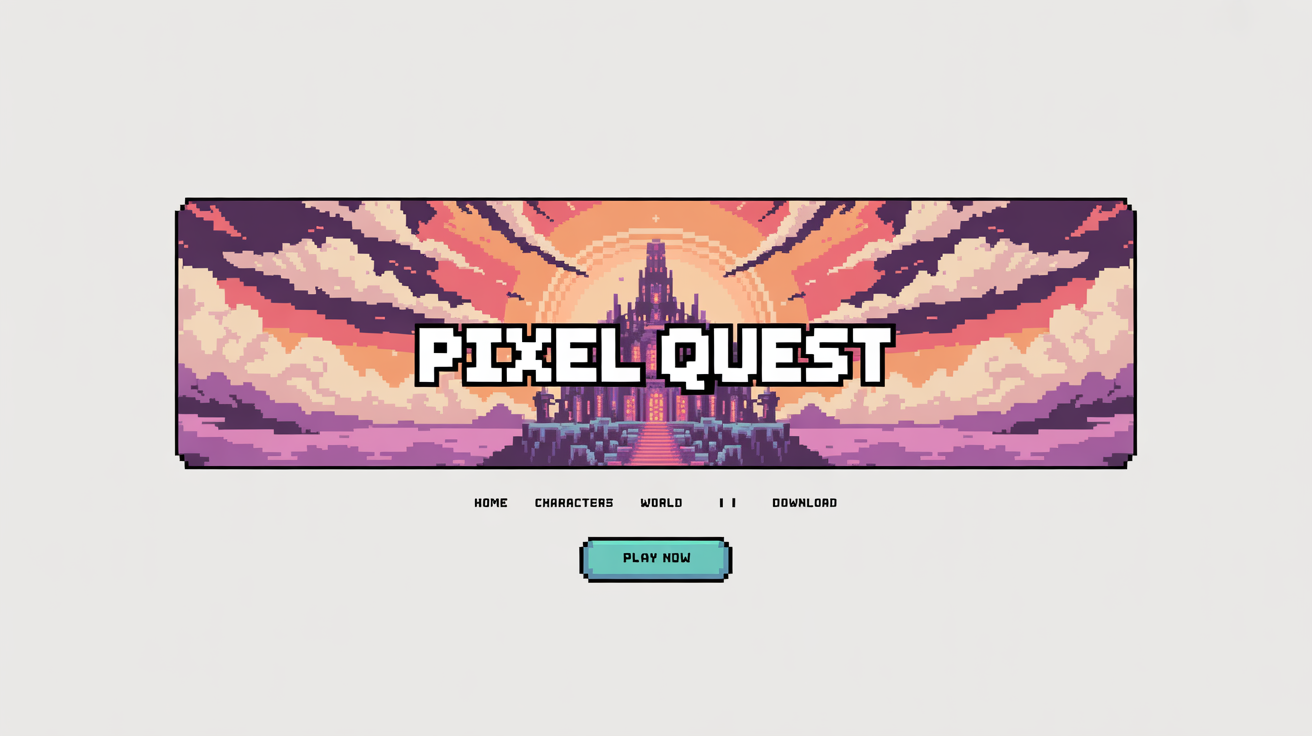 A pixel art banner mockup against a white background. The banner features a fantasy scene of a floating castle at sunset, with the text "PIXEL QUEST" in a classic 8-bit font.