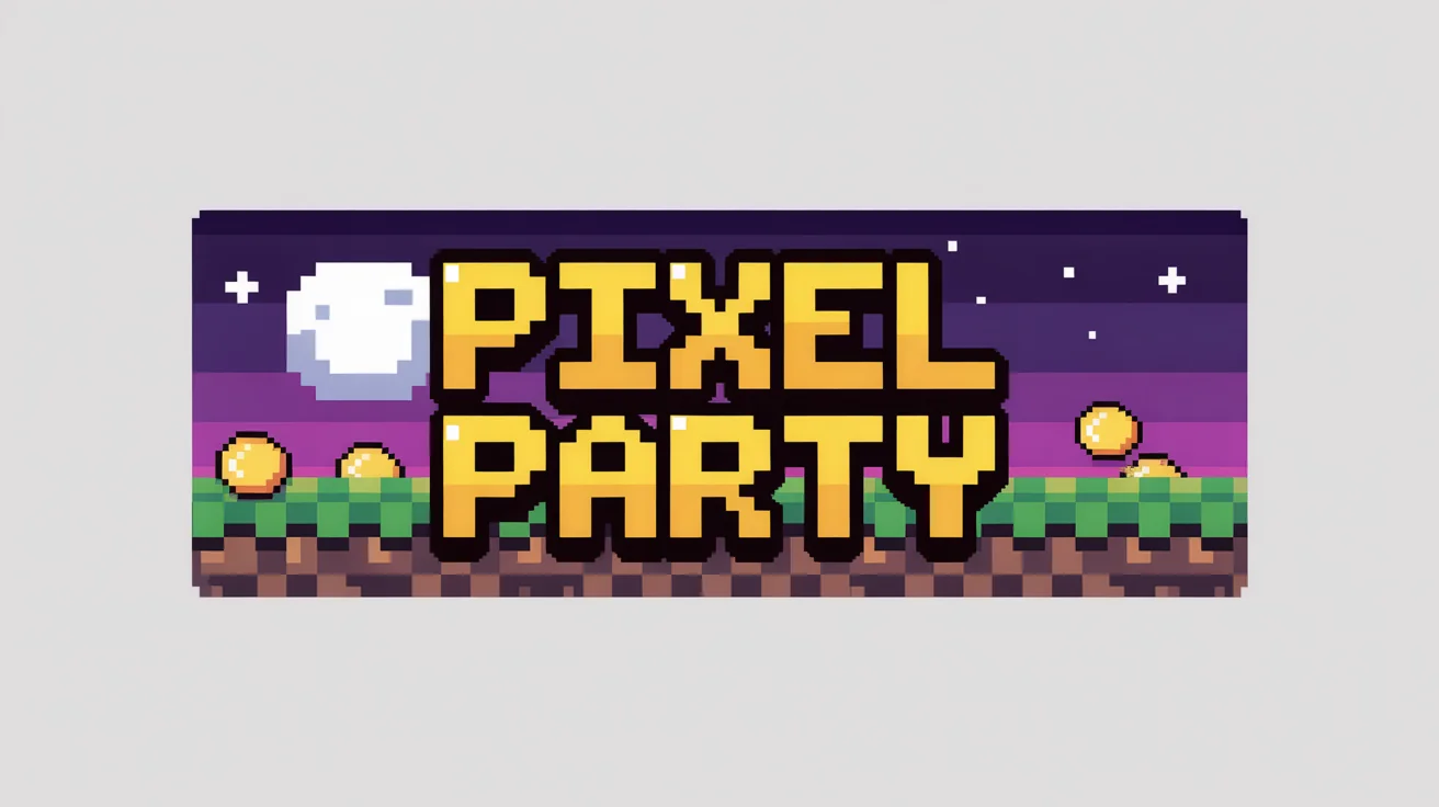 A retro pixel art banner mockup with the text 'PIXEL PARTY' in a bold yellow font, set against a night sky, reminiscent of a classic 8-bit video game.