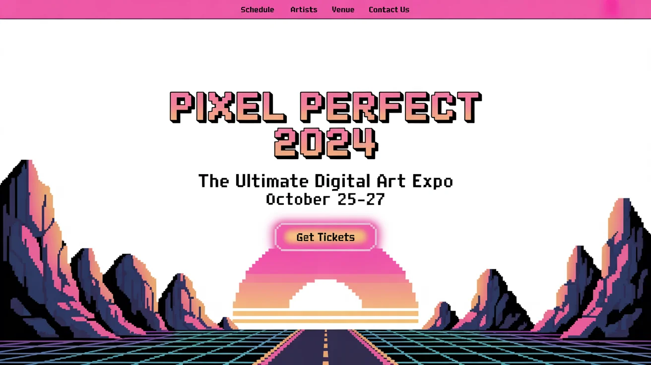 A pixel art banner mockup for a digital art expo called 'Pixel Perfect 2024'. The design features a retro synthwave sunset and has a nostalgic 8-bit video game style.
