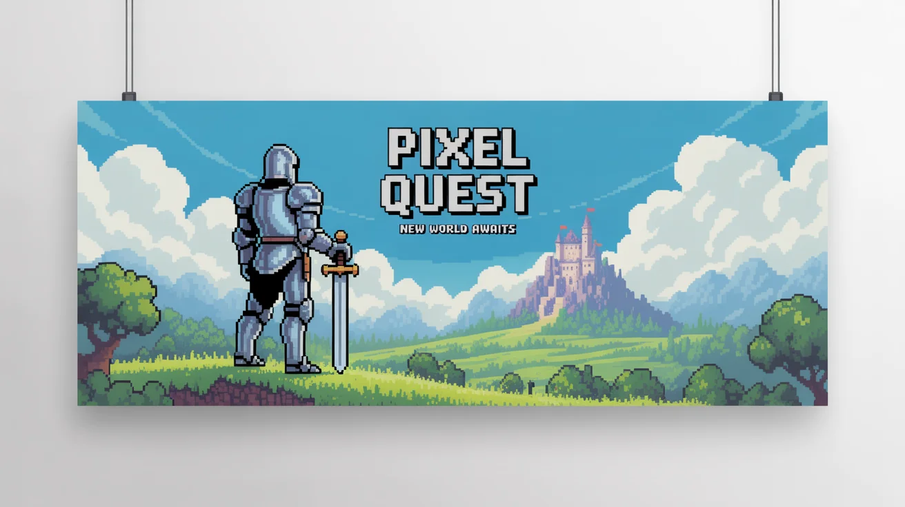 A 16-bit pixel art banner mockup for a fictional game called 'Pixel Quest'. The banner shows a knight looking at a distant castle, with the title in a retro pixel font, all on a clean white background.